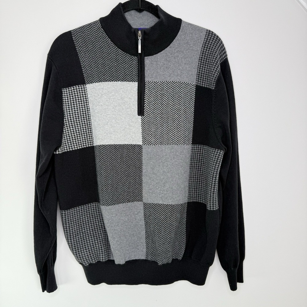 Alan Flusser Mens‎ Large Sweater 1/4 Zip Patchwork Cotton Gray Black Classic